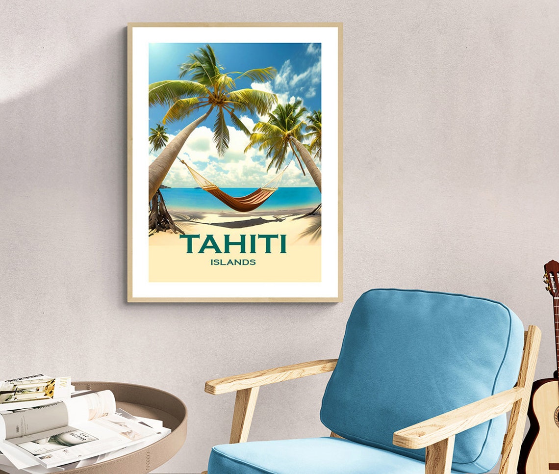 Tahiti Islands Palm Trees Hammock Beach Vintage Travel Poster - Image 2