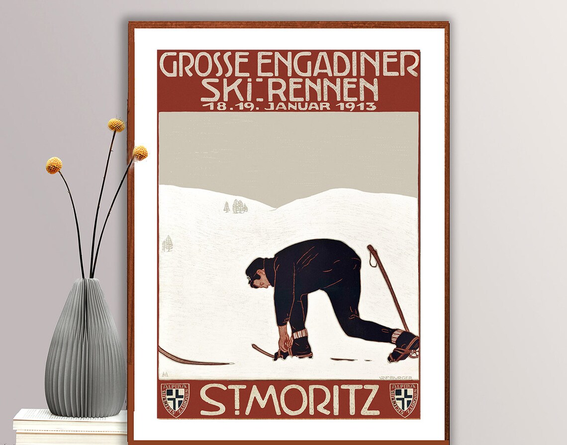 1913 St Moritz Engadiner Ski Rennen Vintage Poster Winter Art - Image 2