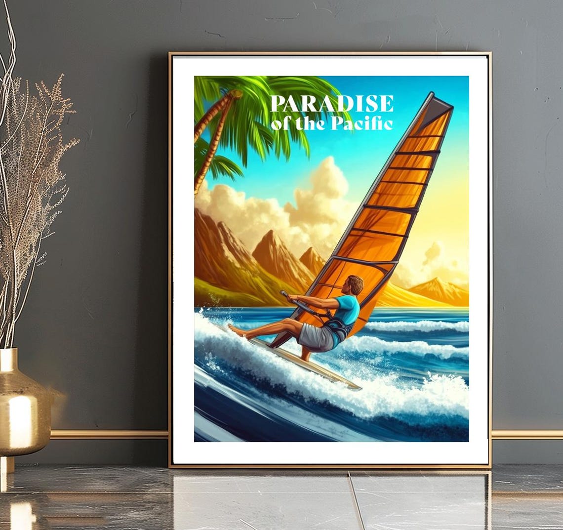 Paradise Of The Pacific Hawaii Windsurfing Tropical Surf Poster