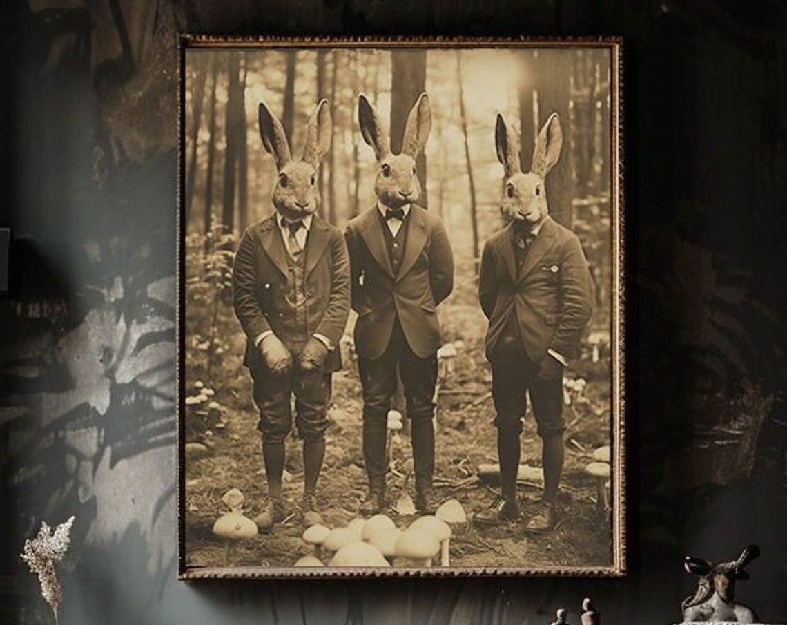 Three Rabbit Headed Gentlemen In Suits Sepia Surreal Art Poster