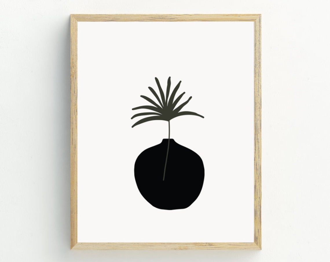 Black Vase Tropical Leaf Silhouette Minimalist Beige Botanical Poster