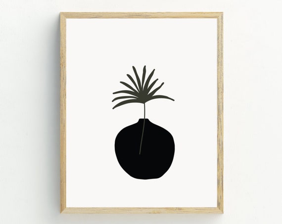 Minimalist Botanical Print Tropical Leaf In Vase Wall Art Black And Beige Leaf African Decor 5x7 8x10 11x14 16x20
