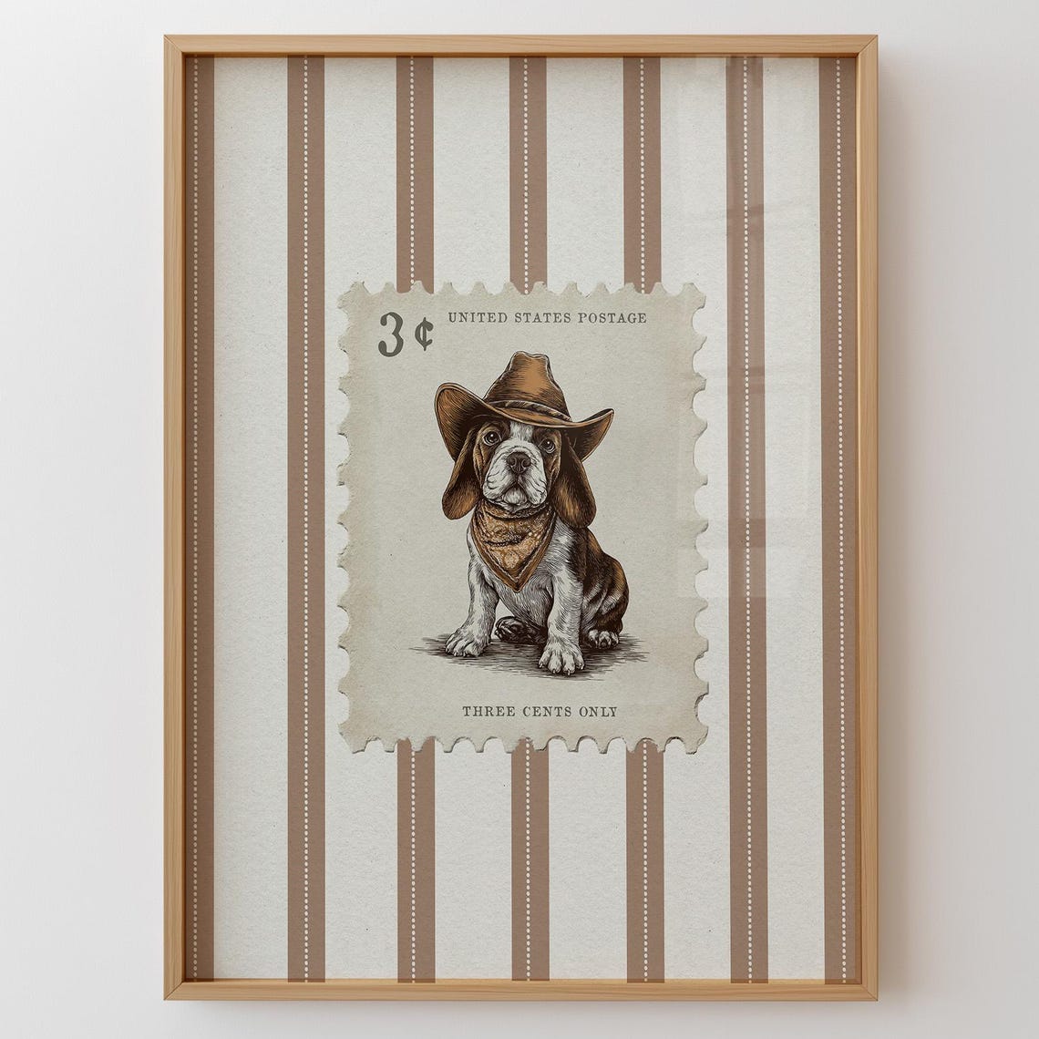 Cowboy Puppy Vintage Three Cent Postage Stamp Western Art Poster