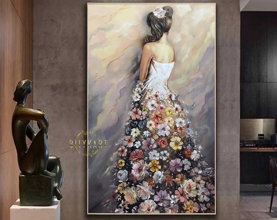 Girl in Flower Dress Pastel Floral Wall Art Print