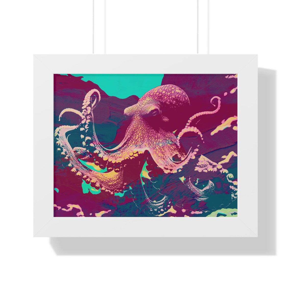 Vibrant Neon Magenta Octopus Swimming in the Deep Sea Framed Poster - Image 3