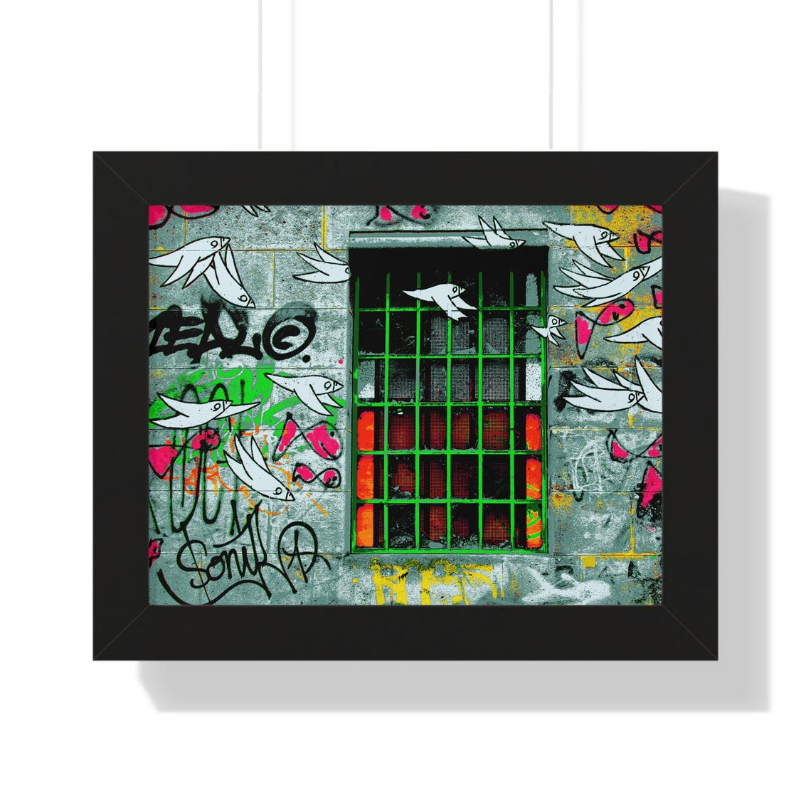 Colorful Graffiti Birds Flying Around Barred Window Framed Poster - Image 3