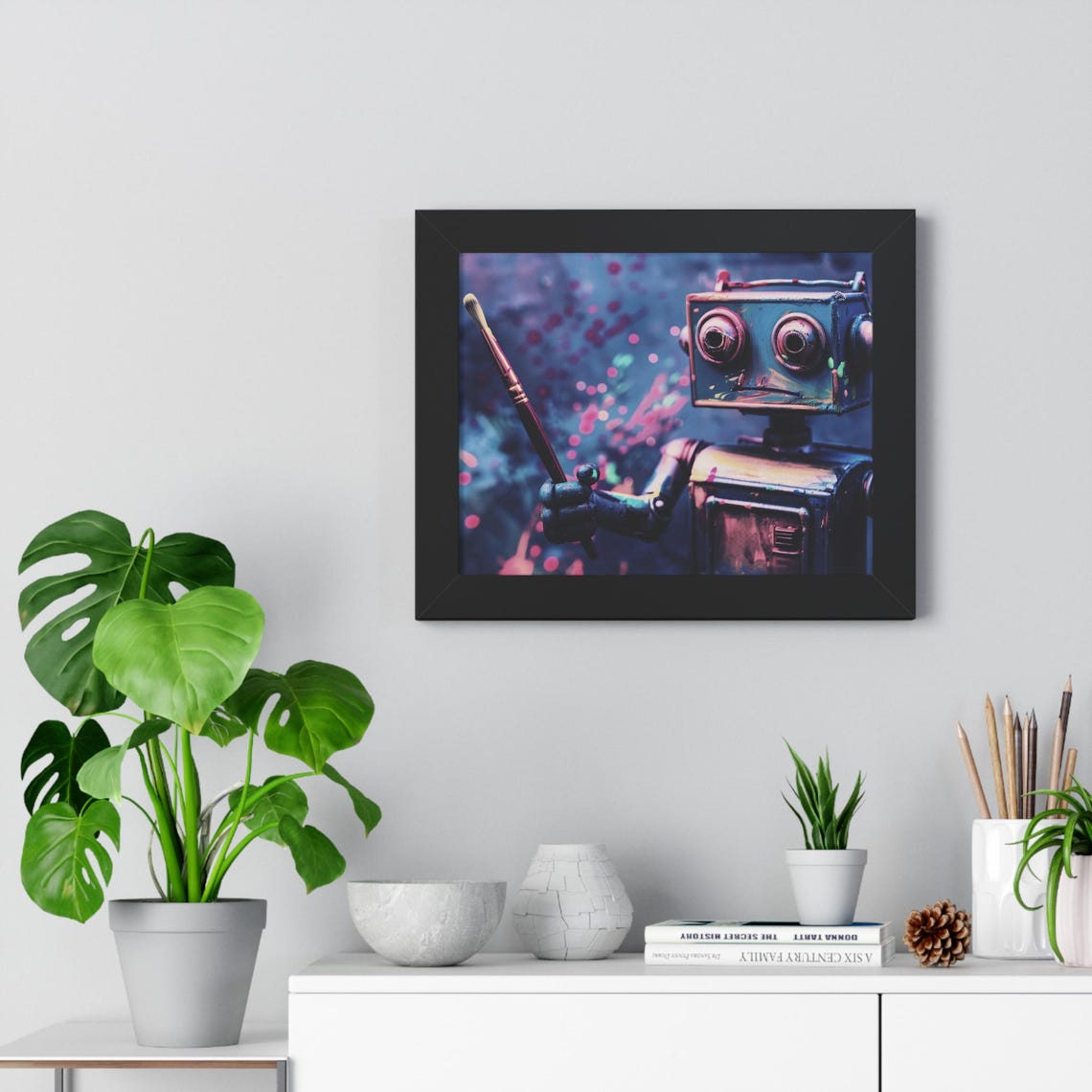 Retro Robot Artist Holding Paintbrush Neon Splash Art Poster - Image 4