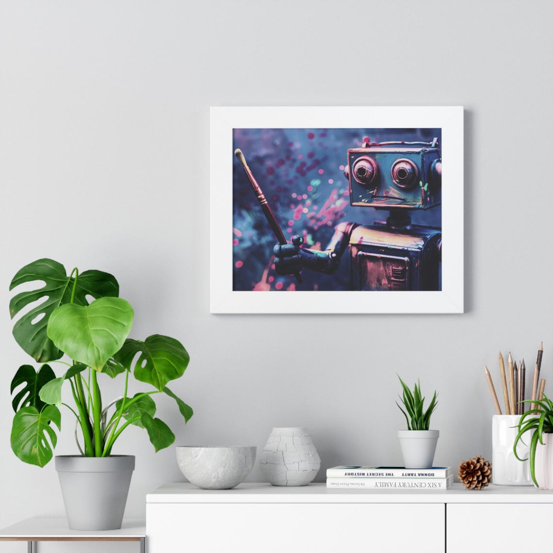 Retro Robot Artist Holding Paintbrush Neon Splash Art Poster - Image 3