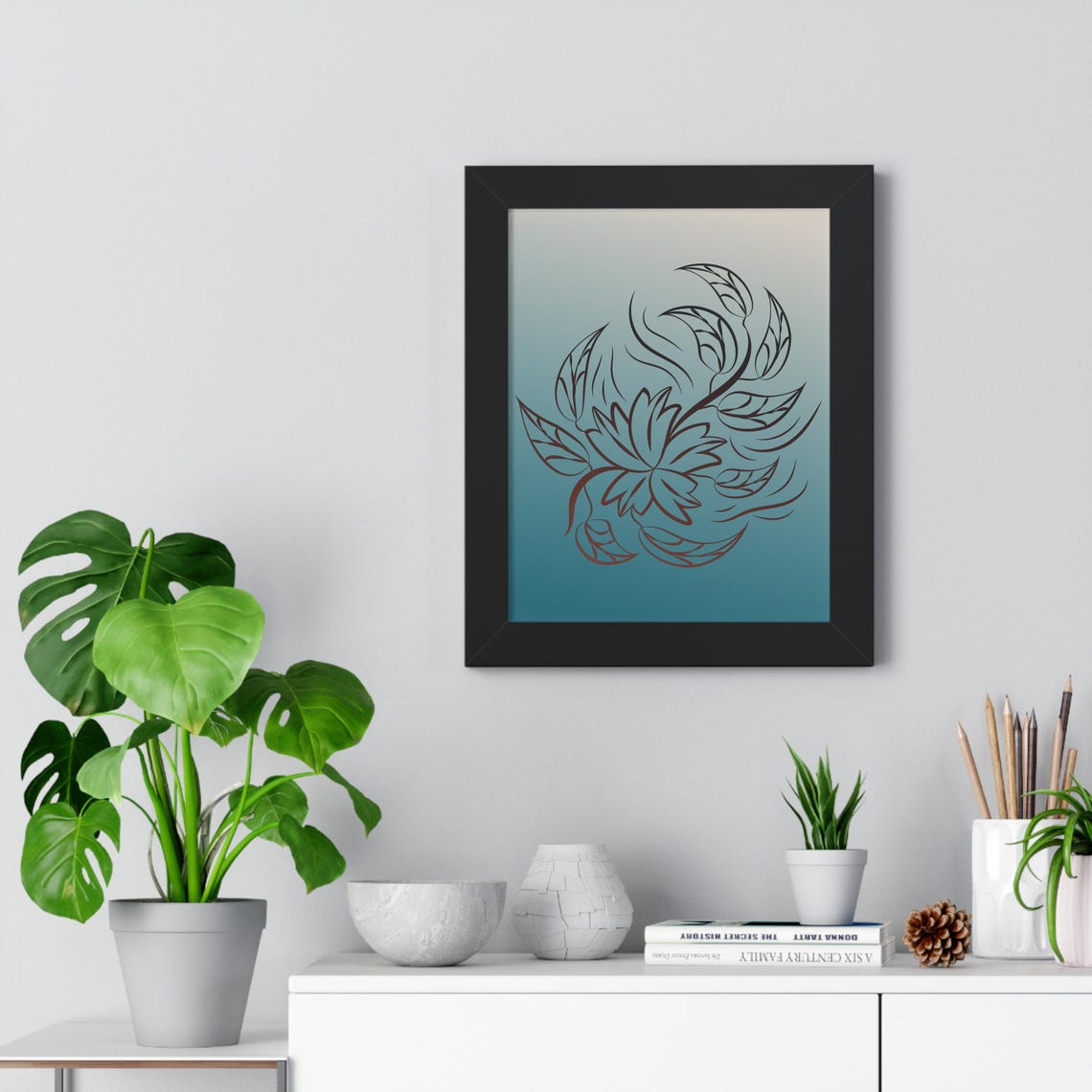 Minimalist Lotus Line Drawing Blooming on Soft Teal Gradient Poster - Image 2