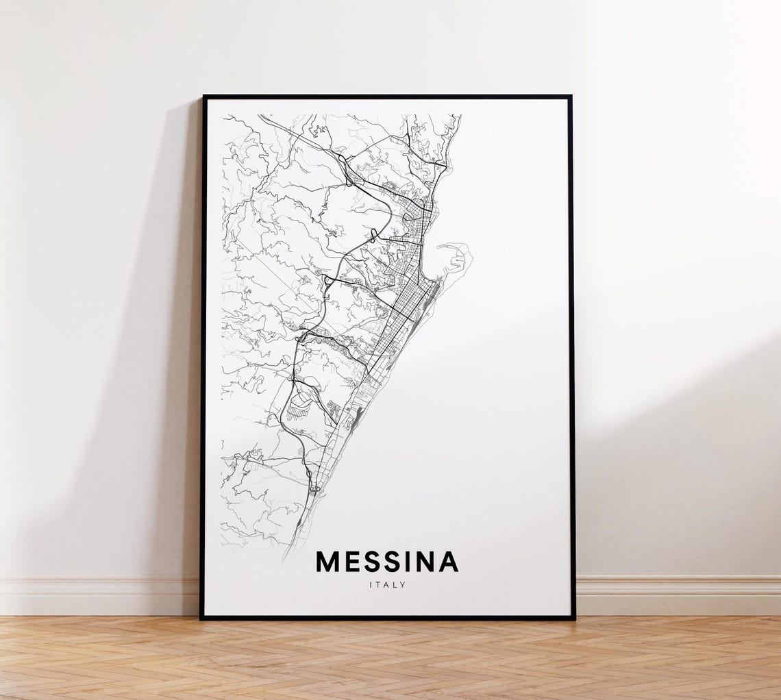 Messina Italy Black White City Street Map Minimalist Line Poster