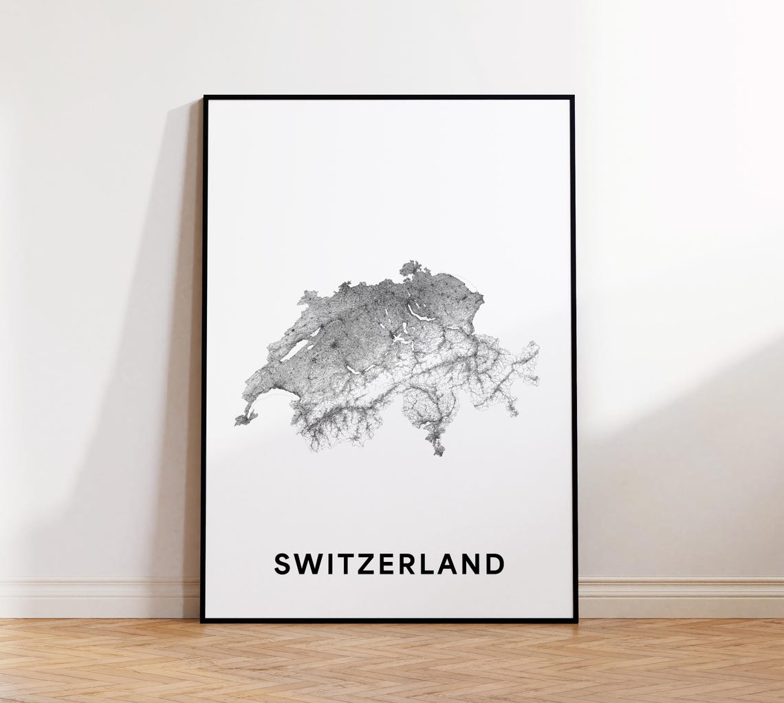 Switzerland Map Print Road Poster Country Black And White Art