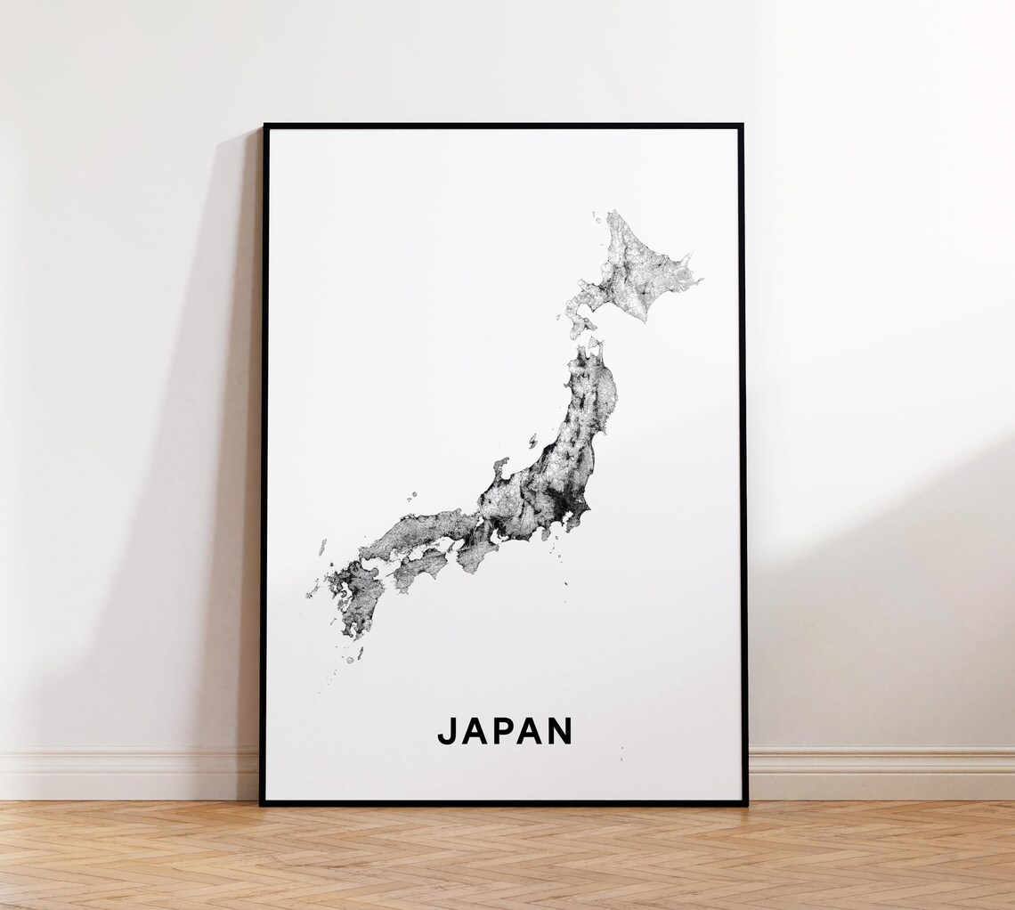 Japan Country Outline Minimalist Black White Map Street Art Print
