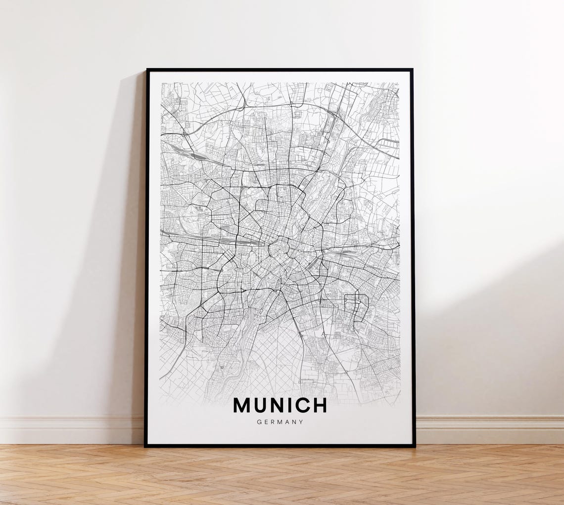 Munich Germany Minimalist Black White City Street Map Art Poster