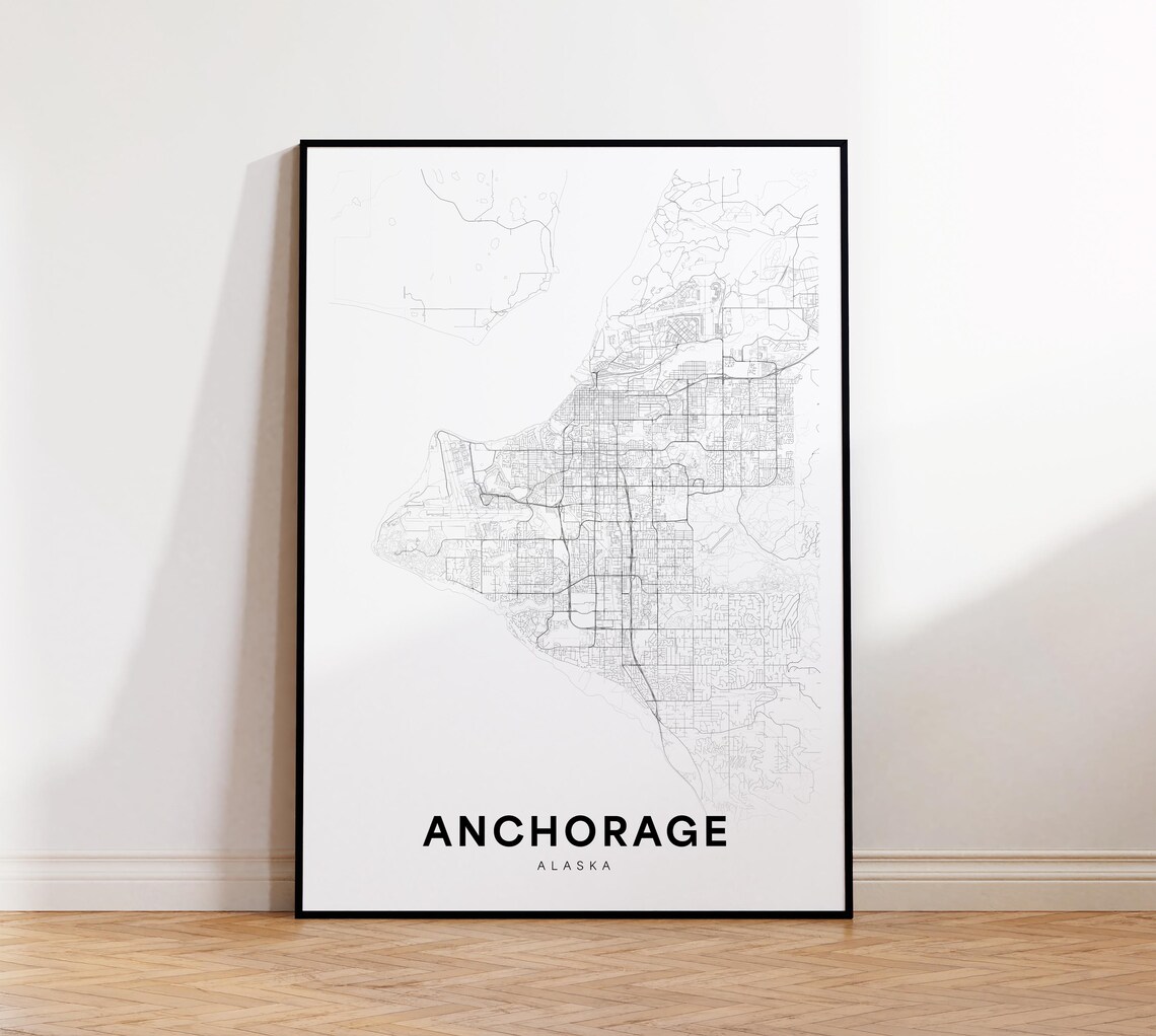 Anchorage Alaska Minimalist Black and White City Street Map Poster
