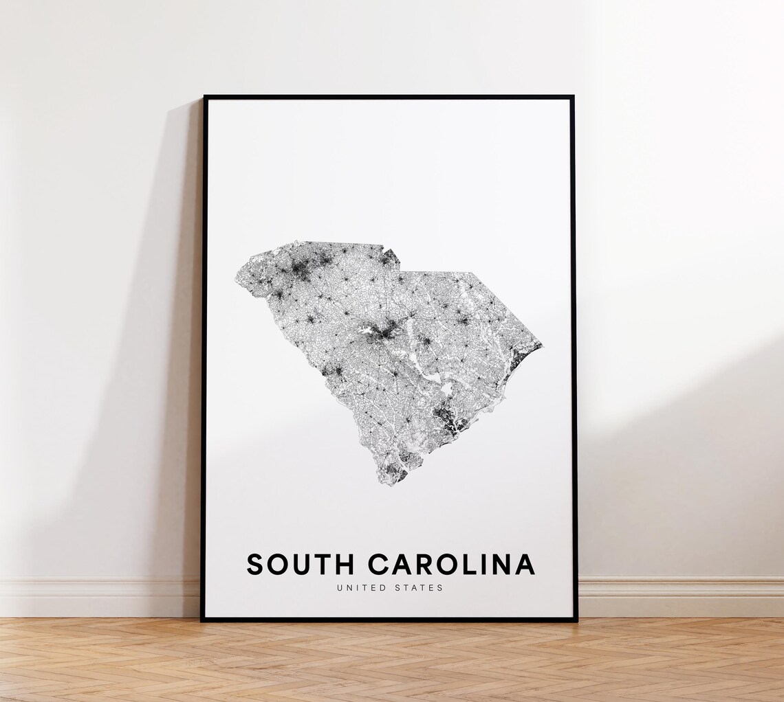 South Carolina State Road Map Minimalist Black Line Art Poster