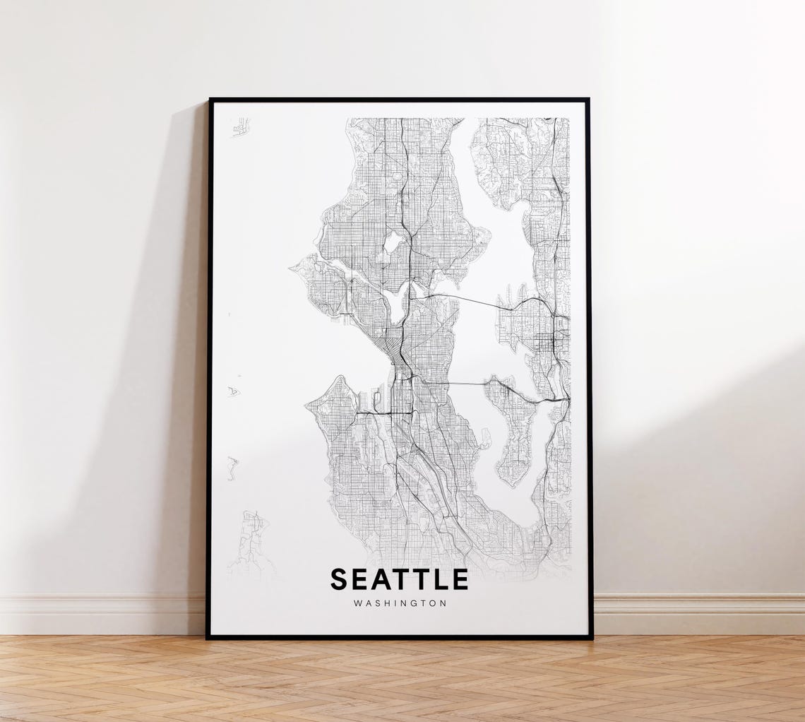 Seattle Washington City Street Map Minimalist Black and White Wall Art