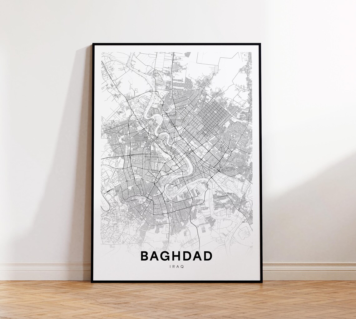 Baghdad Iraq Minimalist Street Map Black and White City Poster