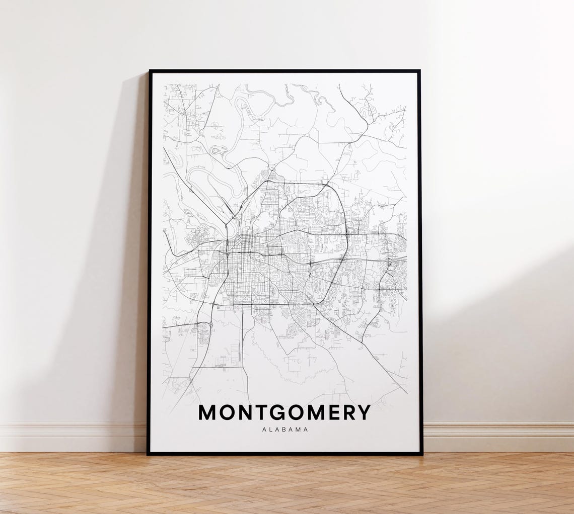 Montgomery Alabama Minimalist Black and White City Map Poster