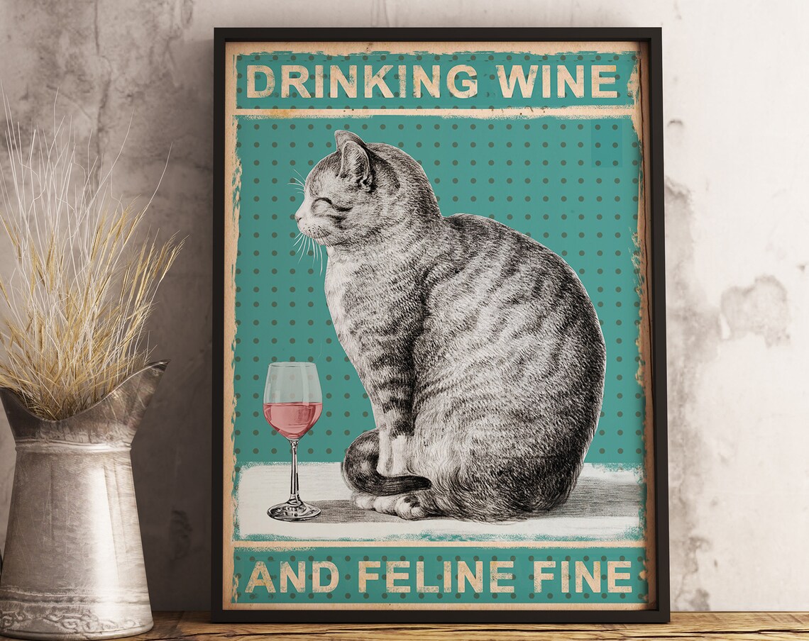 Drinking Wine Cat Funny Cat Art Poster Print - Image 3