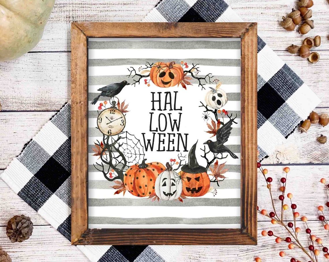 Halloween Wall Decor Fall Autumn Black Crow Watercolor Spooky Season Home