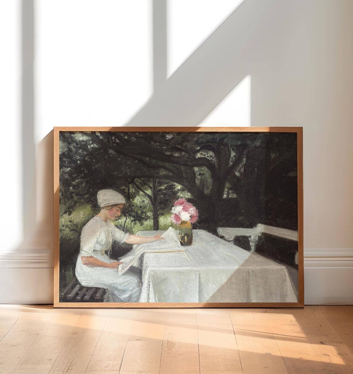 Woman In White Reading At Garden Table Vintage Portrait Painting Poster - Image 3