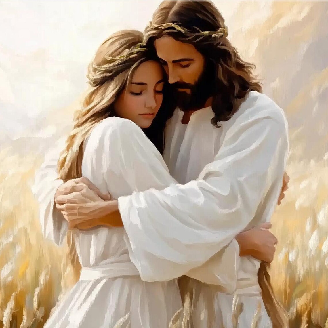 Jesus Embracing Woman in Wheat Field Glowing Christian Art Poster