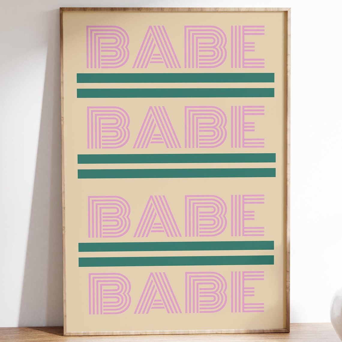 Babe Retro Pink Teal Striped Typography Girly Bedroom Art Poster