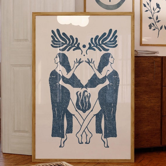 Blue Vintage Sisterhood Art Print, Boho Spiritual Decor
