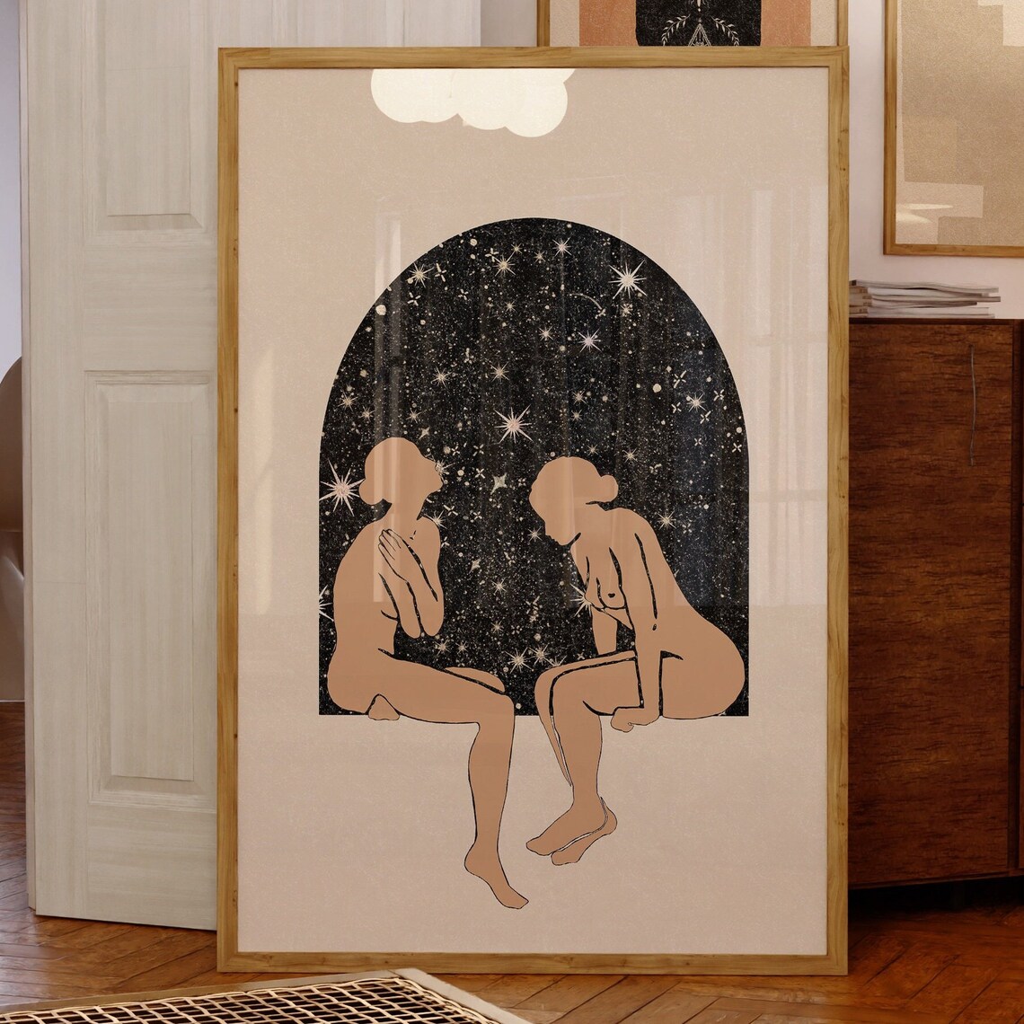 Cosmic Sisters Starry Night Arch Spiritual Women Poster Beige Art