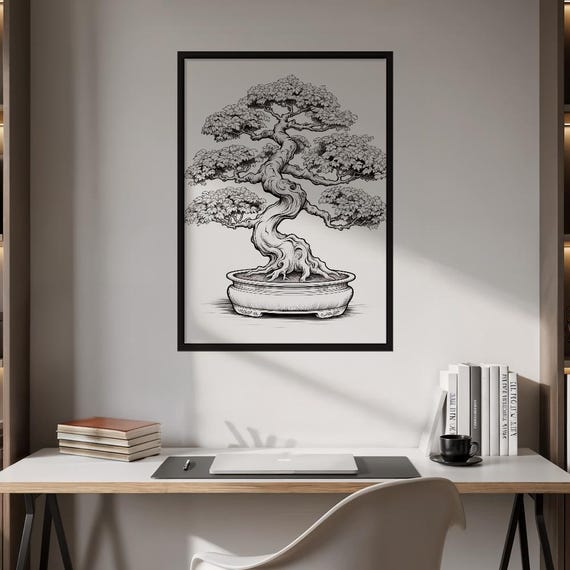 Bonsai Tree Line Art Poster Zen Decor Print Japanese Wall Monochromatic Botanical Illustration Elegant Home