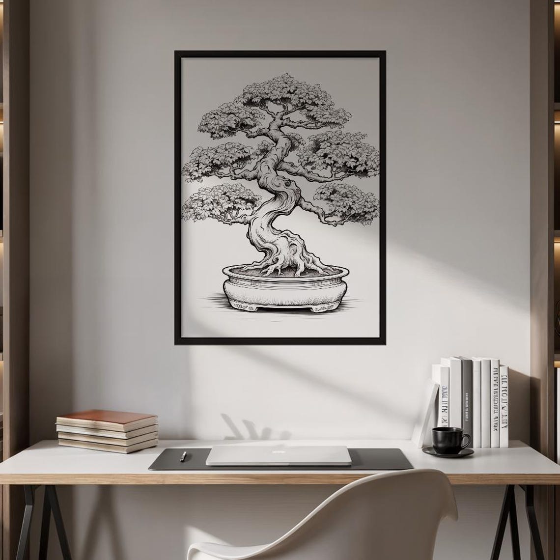 Bonsai Tree Monochrome Line Art Zen Japanese Botanical Wall Art