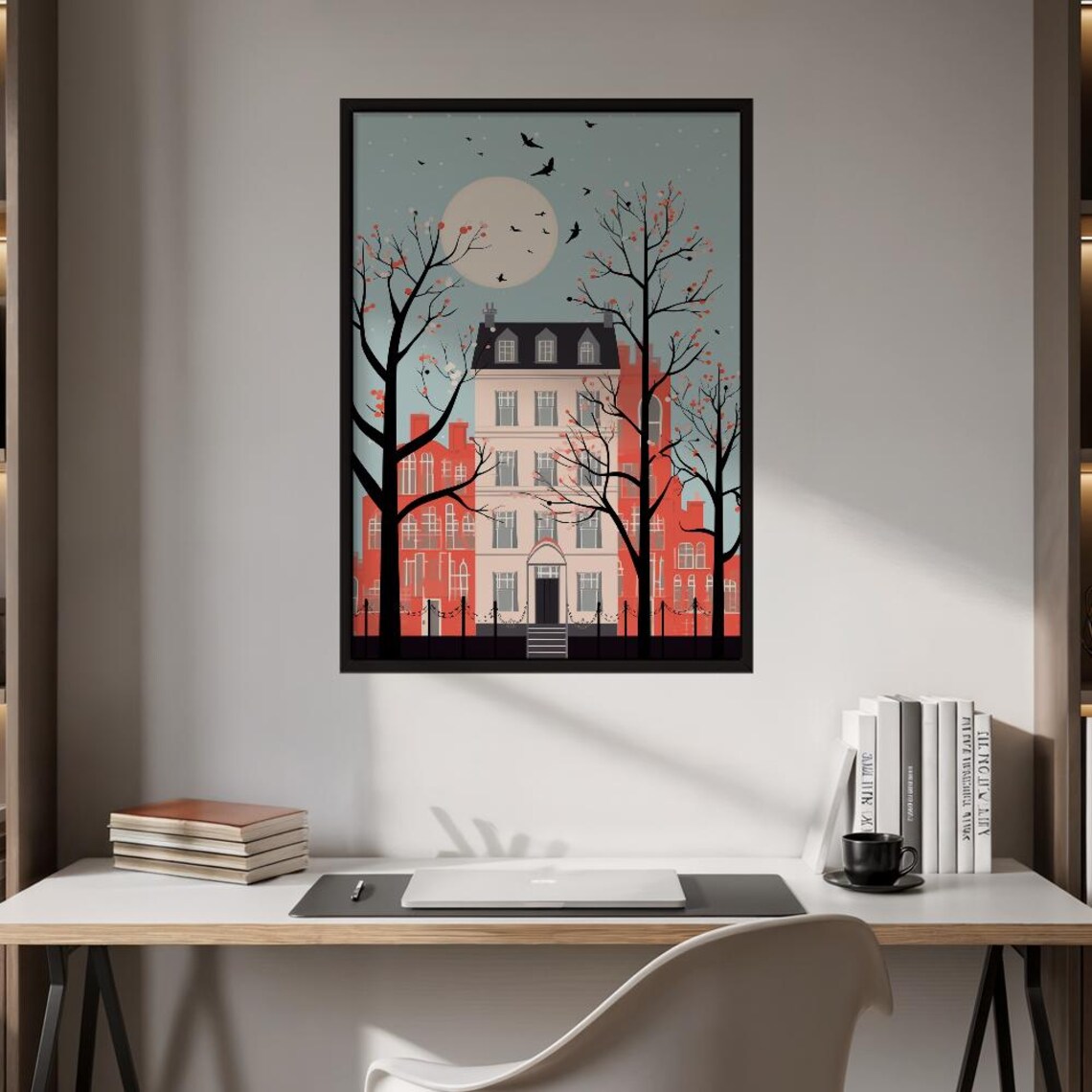 Moonlit Cityscape Print Pink Buildings Night Sky Birds Modern Urban Decor
