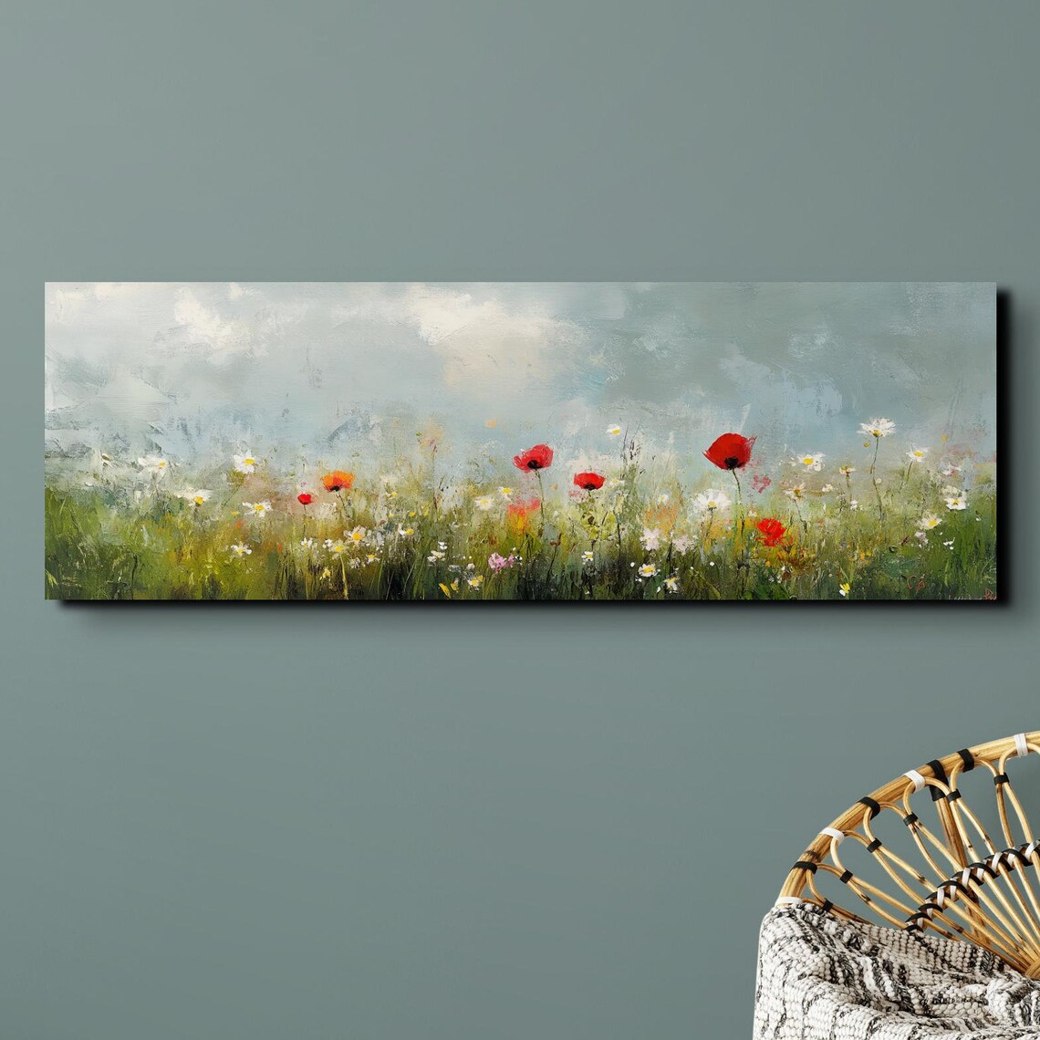 Wildflower Meadow Poppies Daisies Hazy Sky Panoramic Art Poster