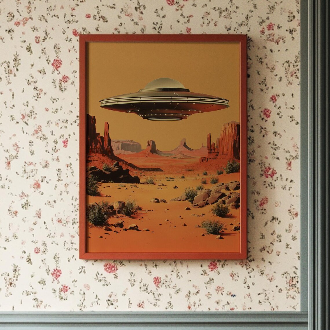 Flying Saucer Over Red Rock Desert Canyon Retro Golden UFO Poster