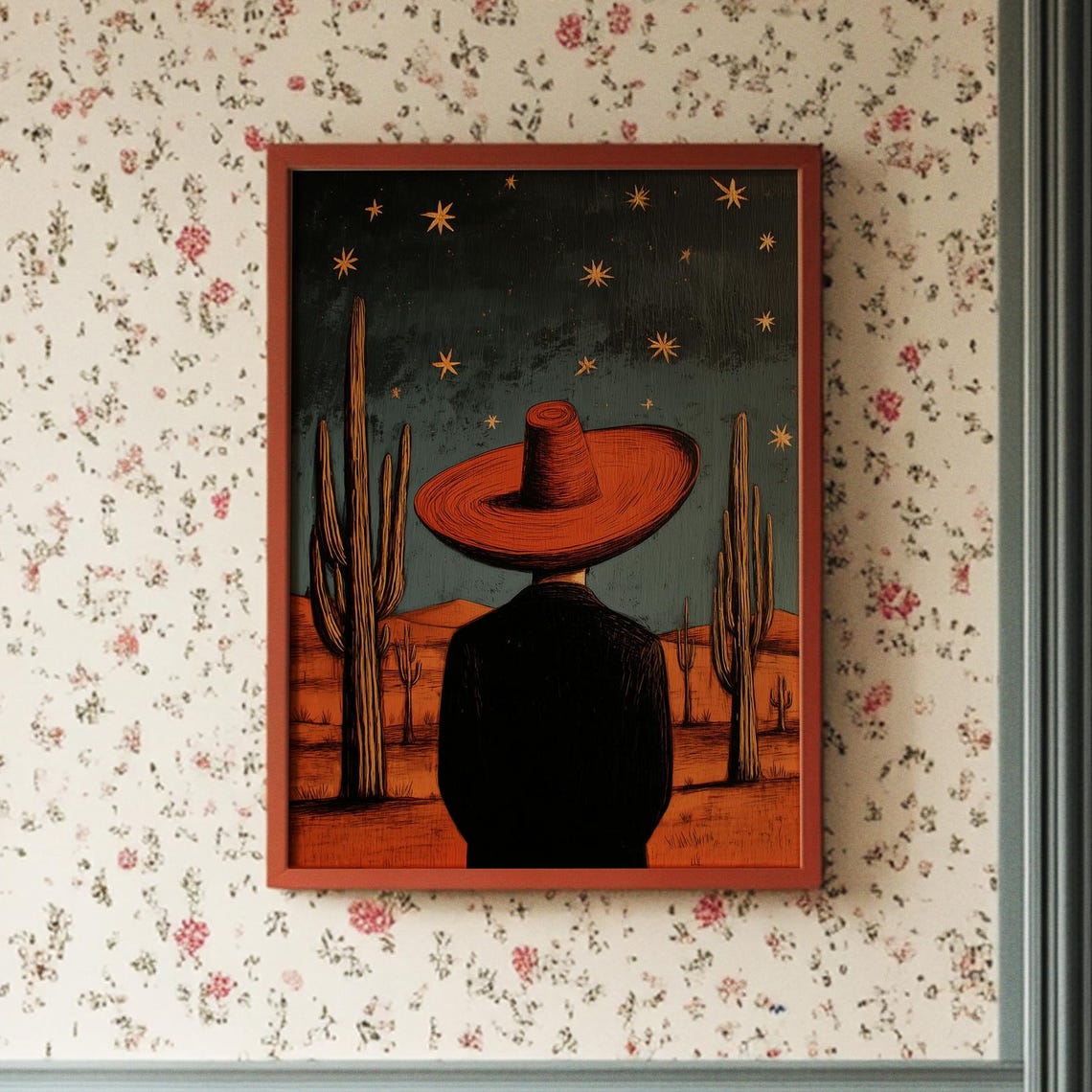 Man In Sombrero Under Desert Night Sky
