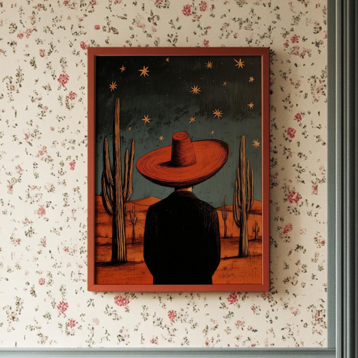 Sombrero Man Under Starry Desert Night Sky Saguaro Cactus Art Poster