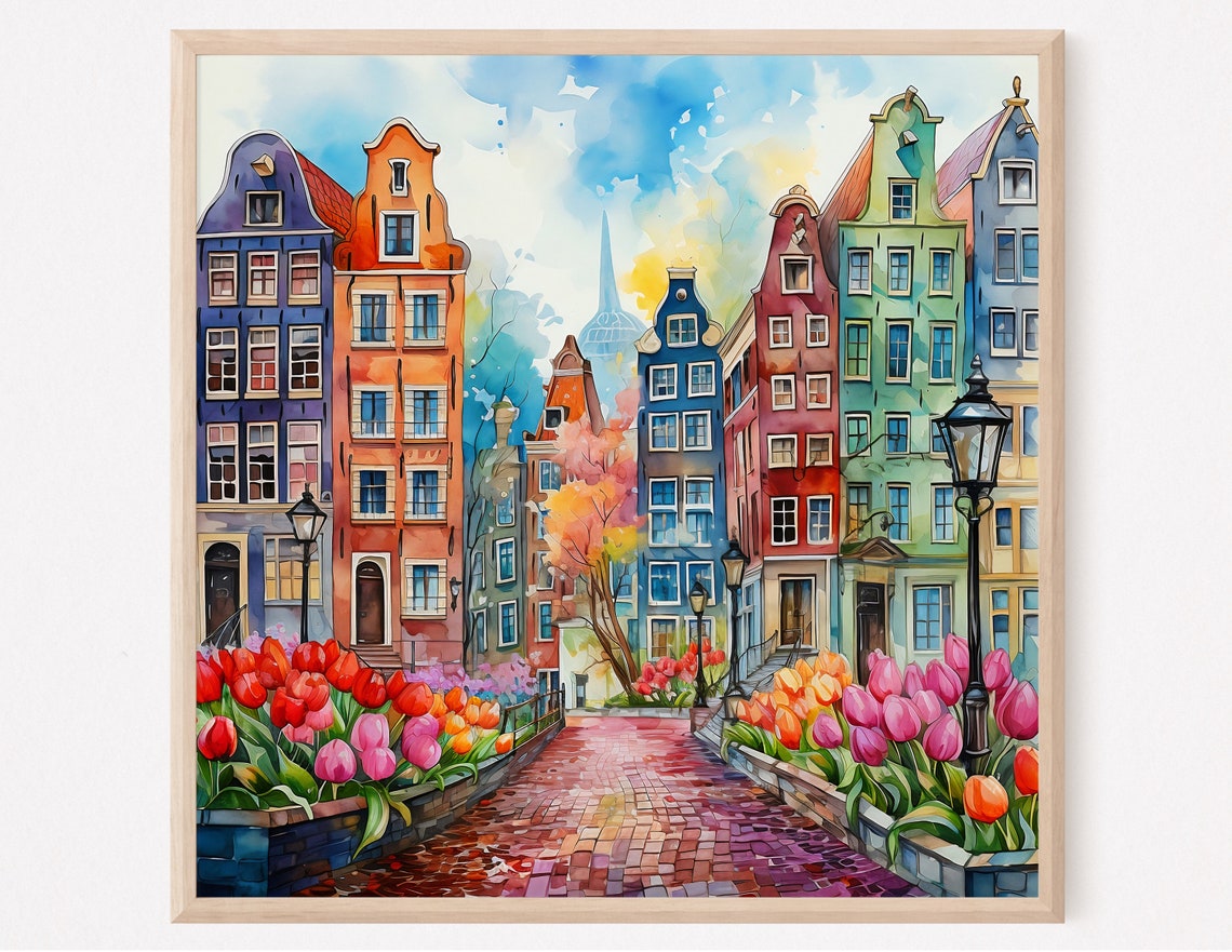 Amsterdam Tulip Street Colorful Gabled Houses Watercolor Art Print