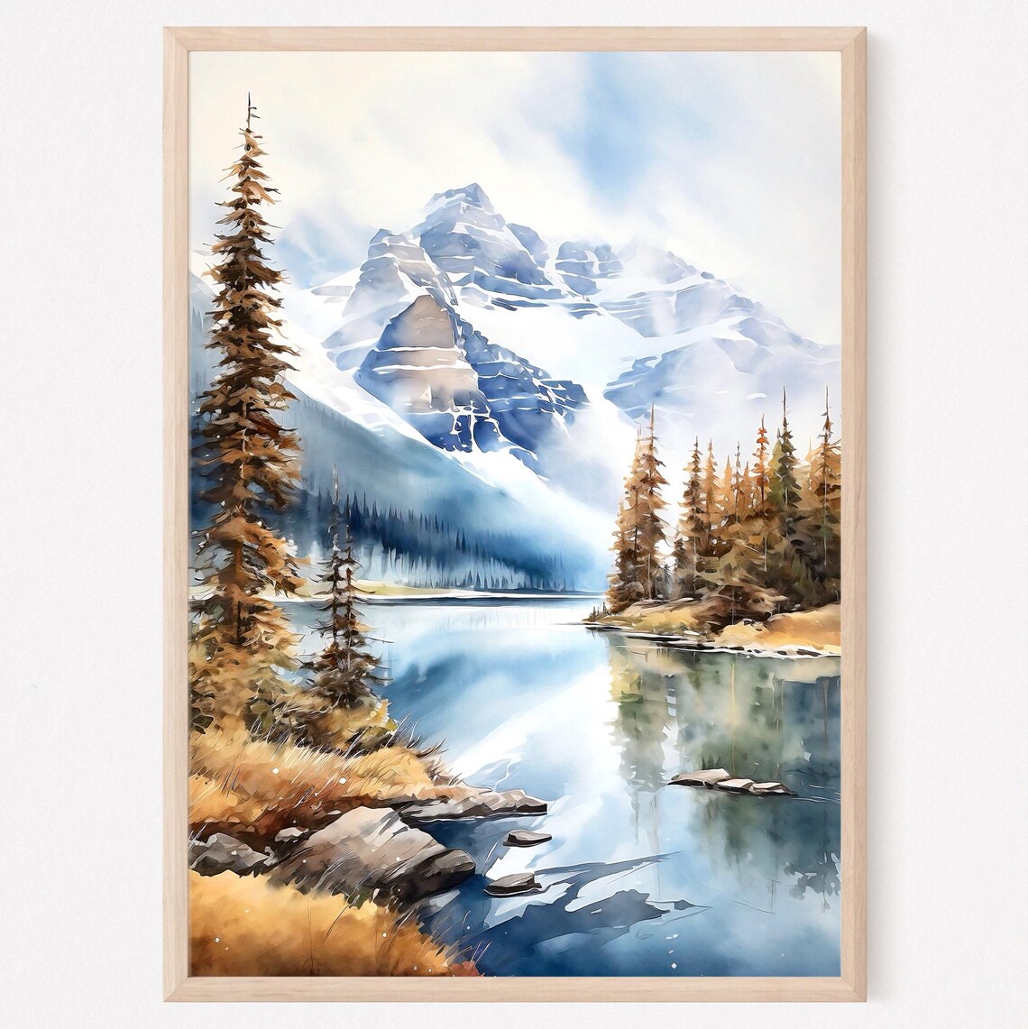 Snowy Mountain Lake Pines Golden Watercolor Landscape Poster