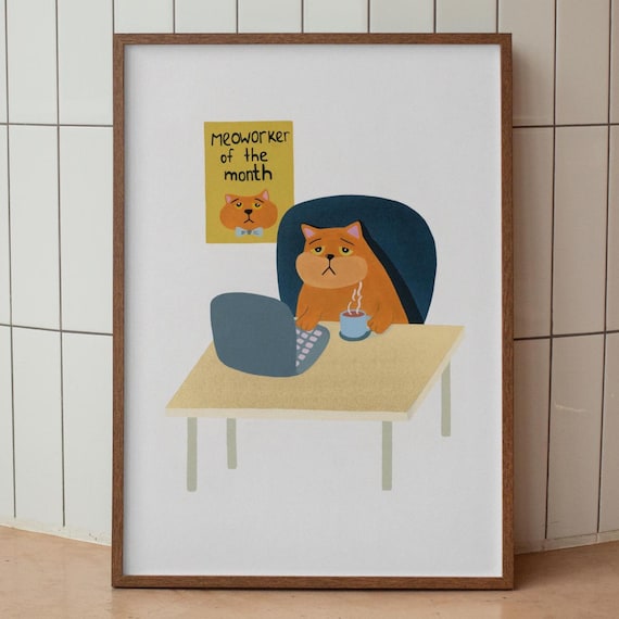 Meoworker Of The Month Grumpy Office Cat Funny Work Desk Poster