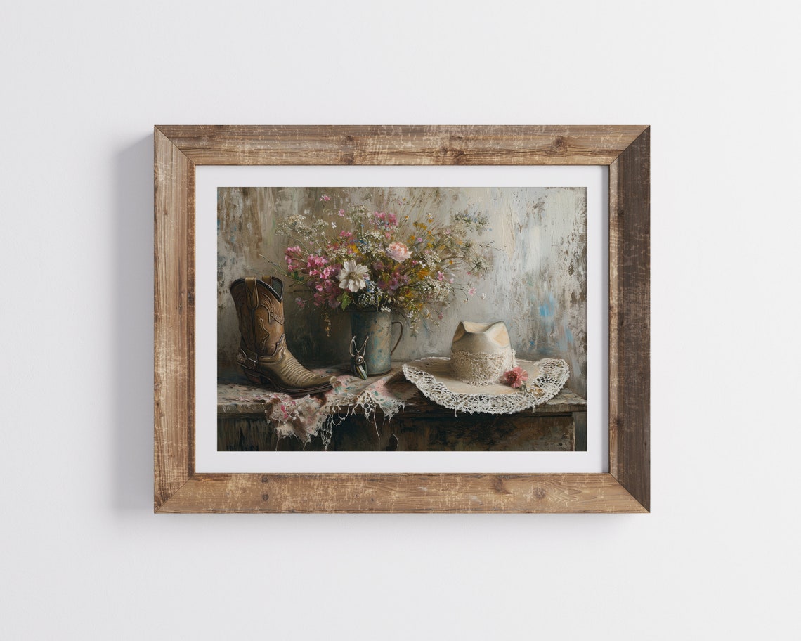 Cowgirl Rustic Still Life Arrangement Painting Spring Flowers Art Southwestern Life Style Wall Decor Cowboy Cowgirl Rodeo Girly - Image 3