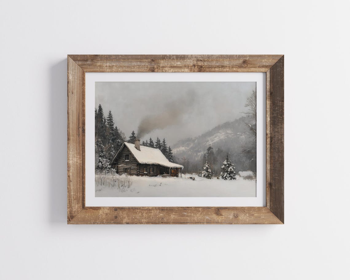 Snowy Log Cabin In Pine Forest Smoke From Chimney Winter Travel Poster - Image 4