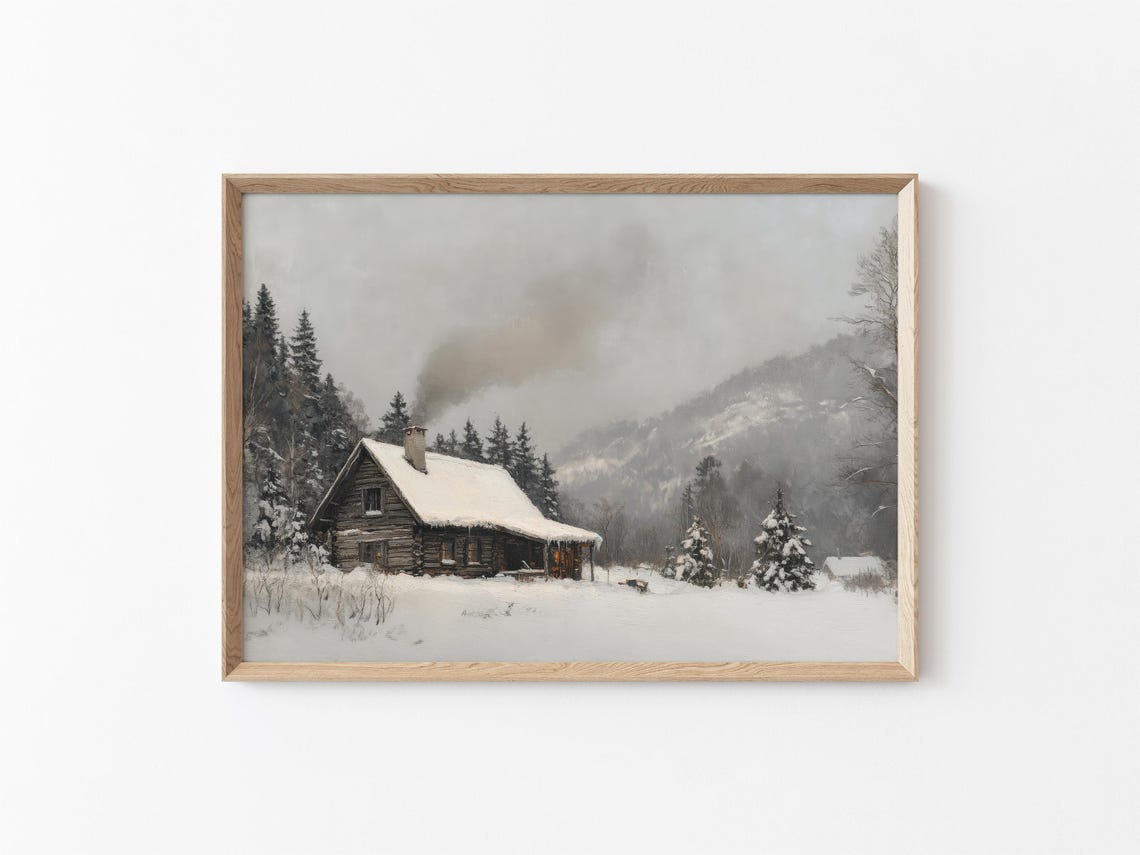 Snowy Log Cabin In Pine Forest Smoke From Chimney Winter Travel Poster
