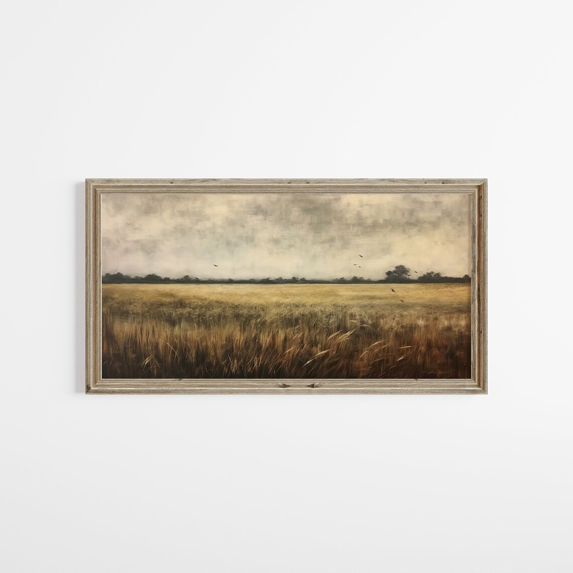 Panoramic Golden Wheat Field With Birds In Gray Sky Vintage Poster - Image 2