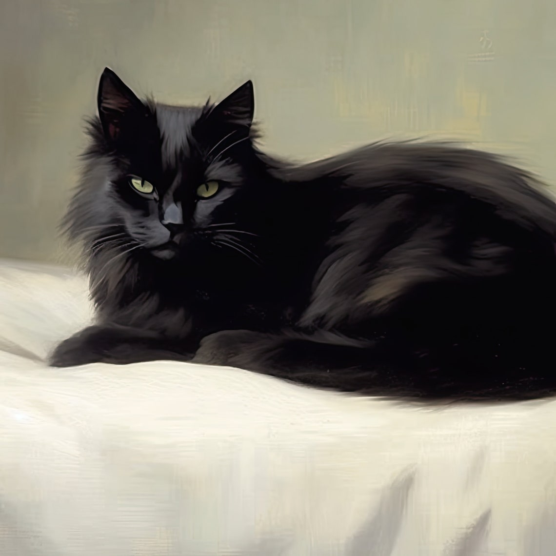 Black Cat Resting on White Bedding Vintage Moody Feline Poster - Image 3