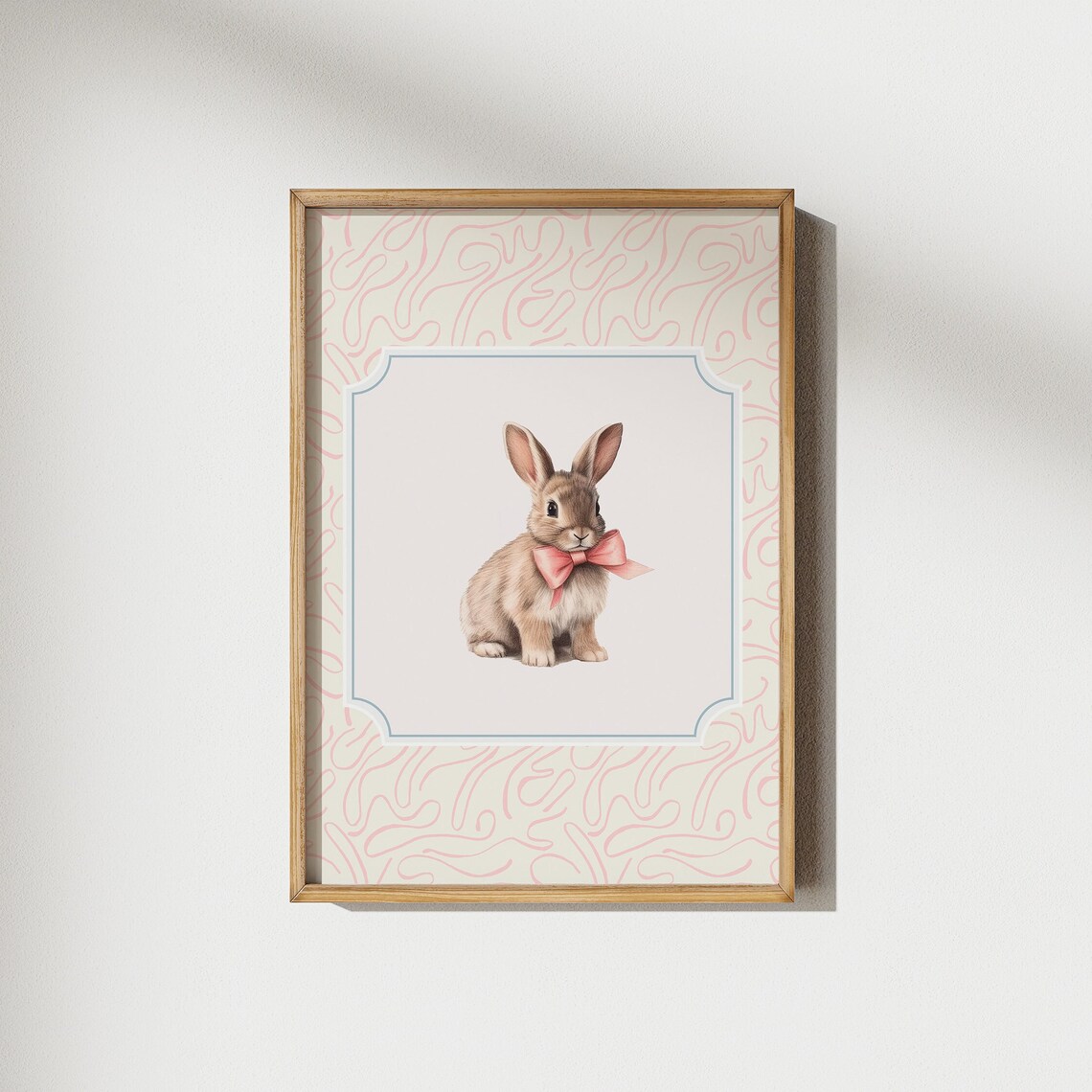 Bunny with Pink Bow Watercolor Sketch Pink Pattern Border Nursery Art Poster - Image 2