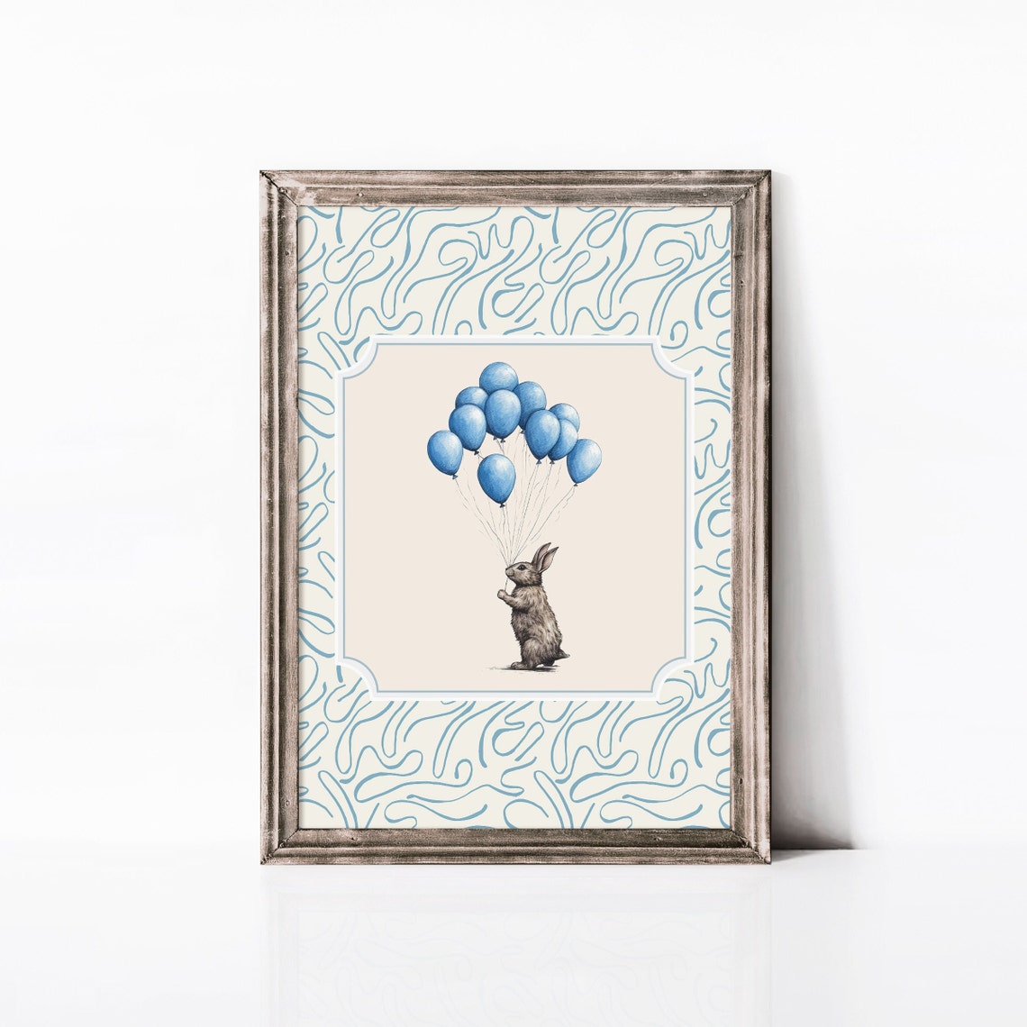 Rabbit And Balloons Wall Decor Cute Bunny Room Art Whimsical Baby Boy Room Wall Art Minimal Rabbit Pencil Illustration Drawing - Image 3