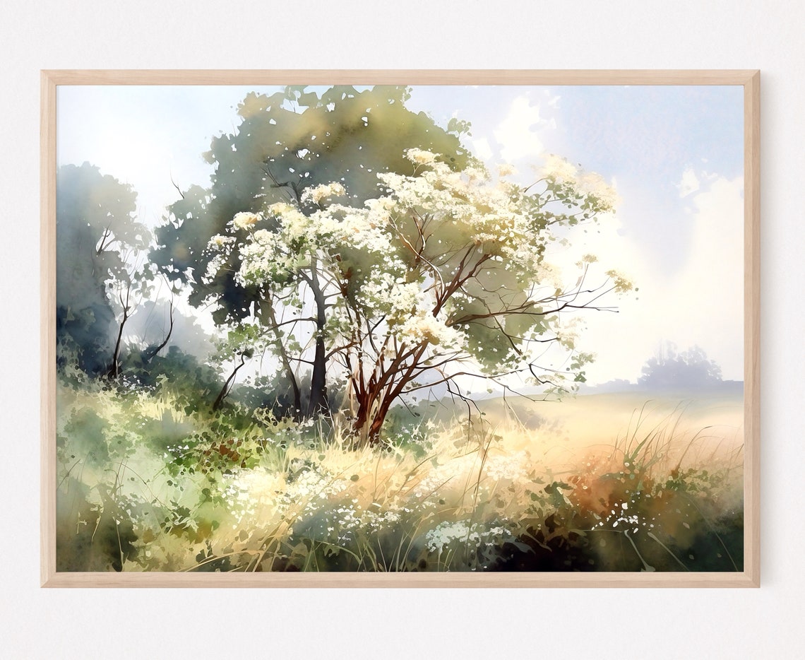 Sunlit Flowering Meadow Golden Morning Light Watercolor Art Print