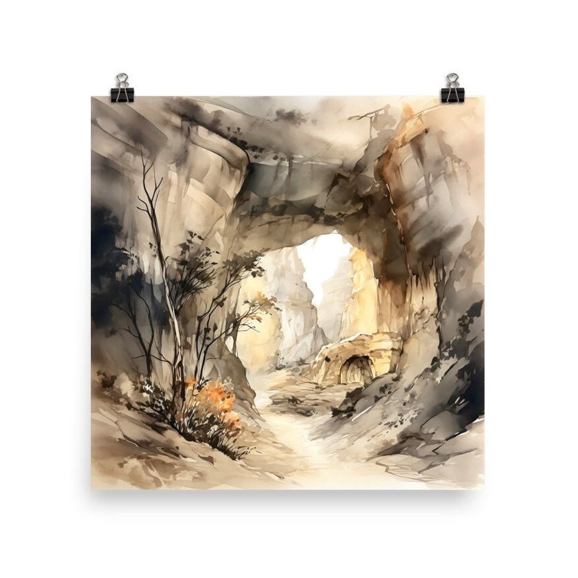 Sepia Desert Canyon Watercolor with Rock Arch and Bare Trees Poster - Image 4