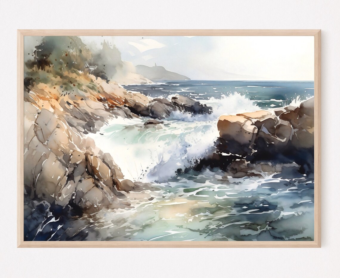Rocky Shoreline Crashing Waves Ocean Watercolor Seascape Poster