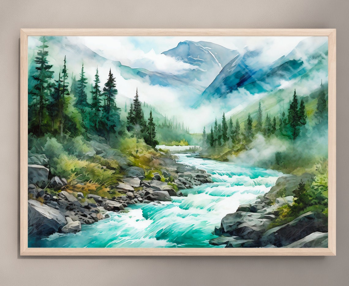 Turquoise Mountain River Rapids Evergreen Forest Watercolor Poster - Image 3
